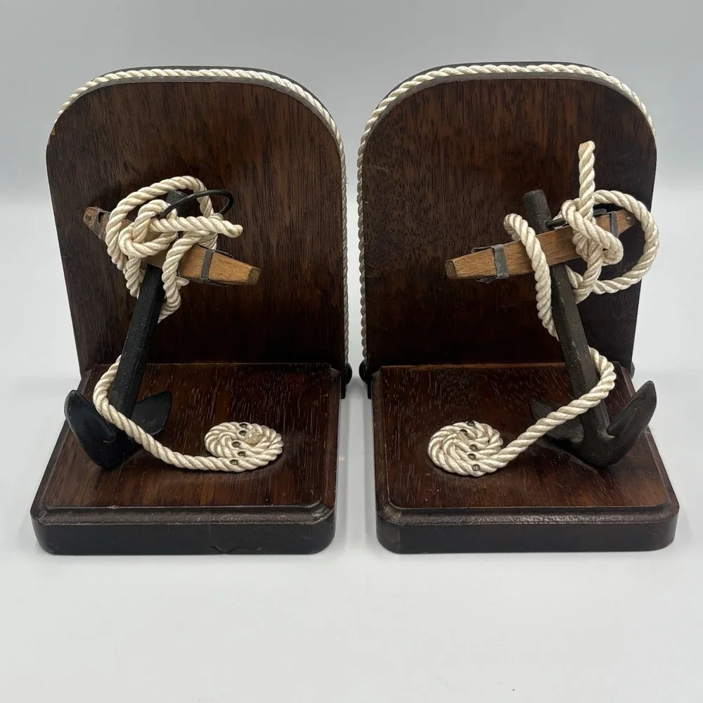Vintage Nautical Theme Bookends Wood & Rope with Cast Iron Anchors